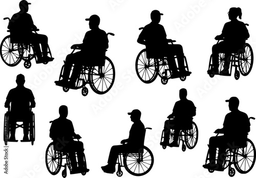 elderly people elderly men elderly women on a wheelchair set. Set of black silhouettes PNG