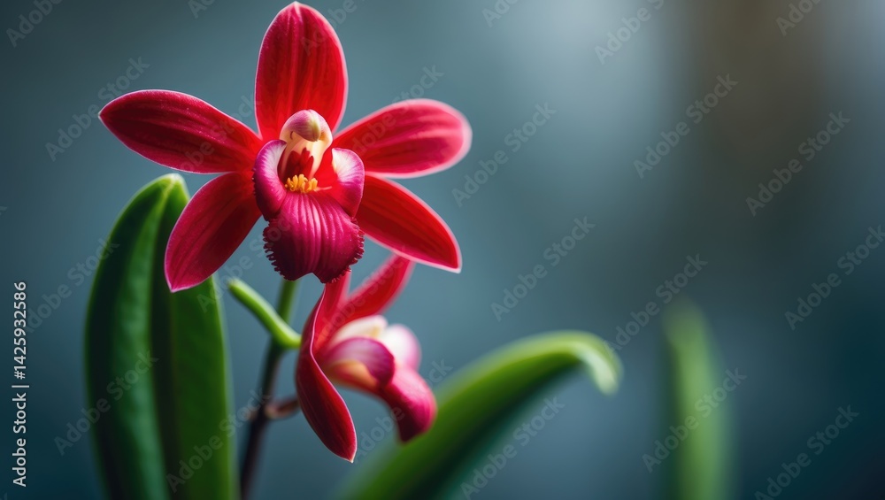 Naklejka premium Schlumbergera truncata with vibrant red flower in a lush garden background