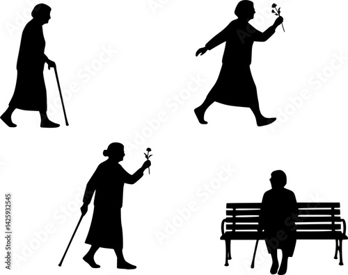 silhouettes of elderly women in different movements, vector set of  elderly women
