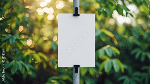 Empty election poster mockup for lamp post ad template with blank space amidst leaves