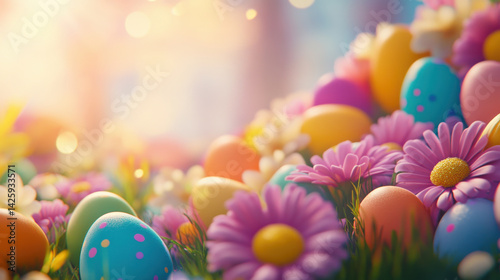Brightly colored Easter eggs are nestled among vibrant flowers, creating cheerful and festive atmosphere. scene captures essence of spring with its lively colors and joyful expression