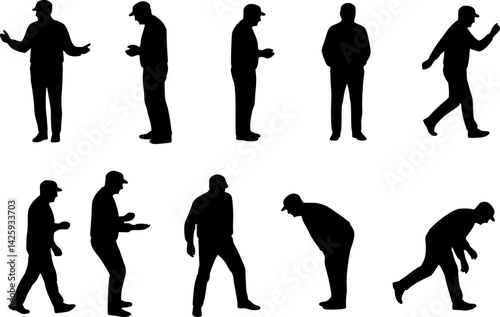 silhouettes of older men in different movements, vector set of elderly men