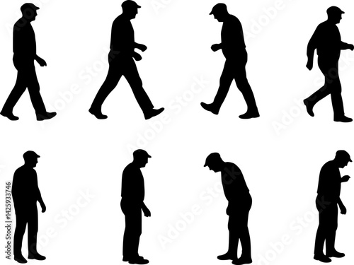 silhouettes of older men in different movements, vector set of elderly men