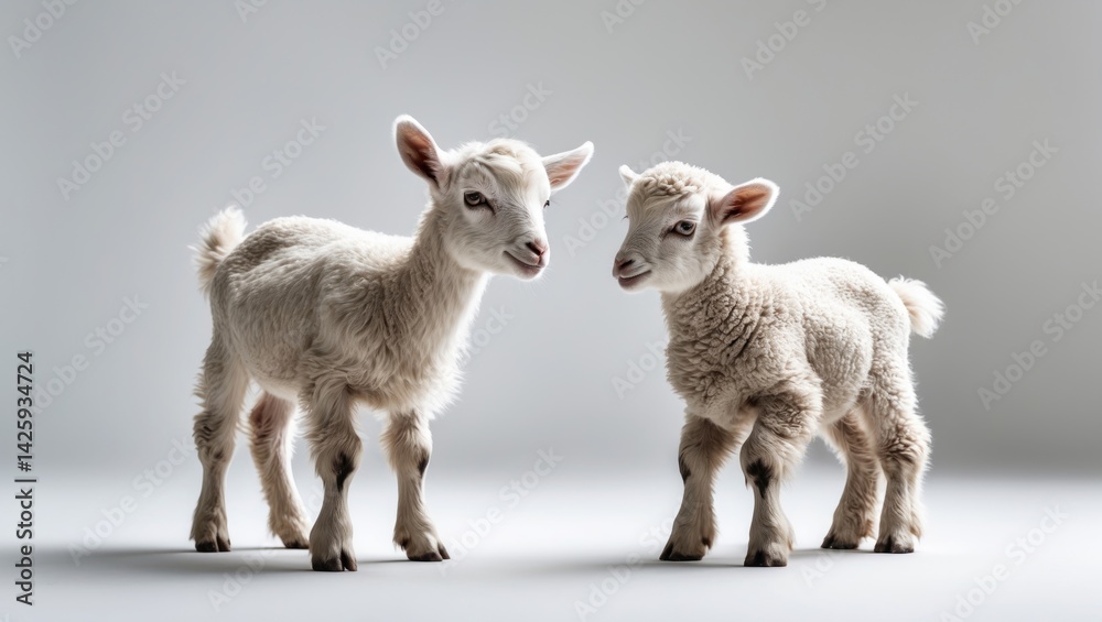 Fototapeta premium Young goat and lamb together on white background