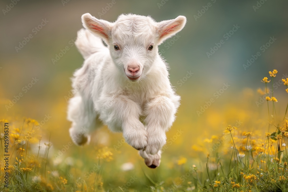 Obraz premium Adorable Kid Goat Leaps Joyfully Through Yellow Flowers in Spring Meadow