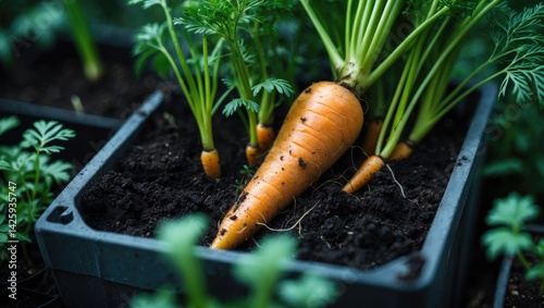 Detailed view of carrots developing in a garden pot