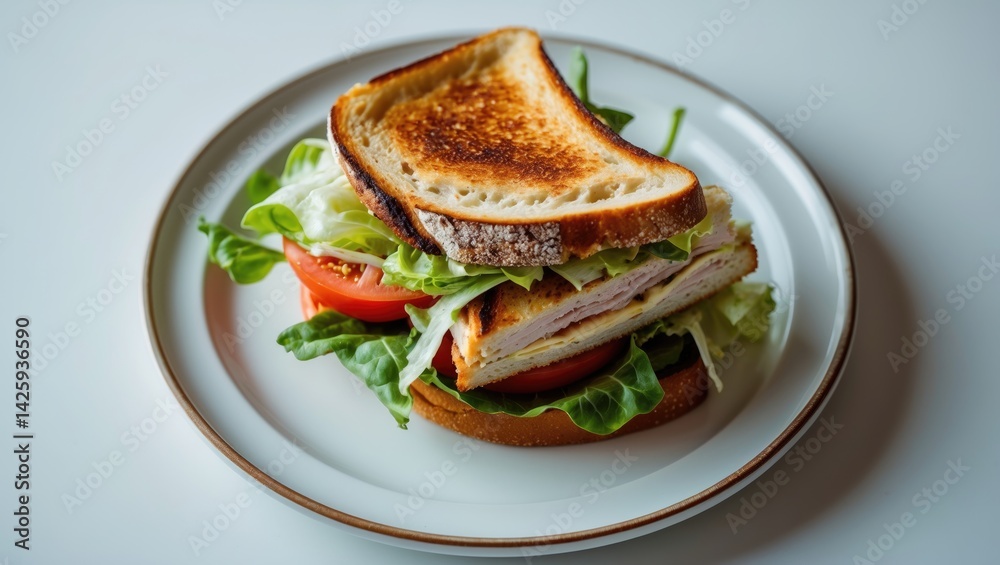 Grilled Chicken Club Sandwich with Cheese, Salad, and Tomato on Plate