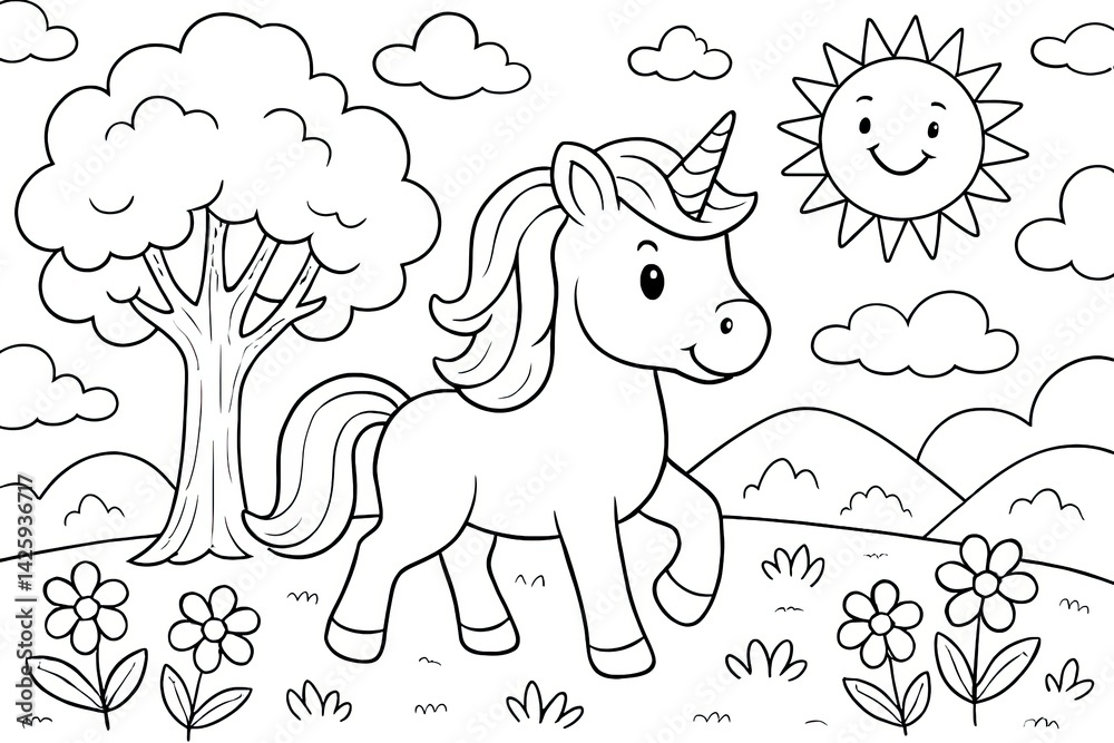 Naklejka premium Cute Unicorn in a Sunny Meadow Line Art Illustration