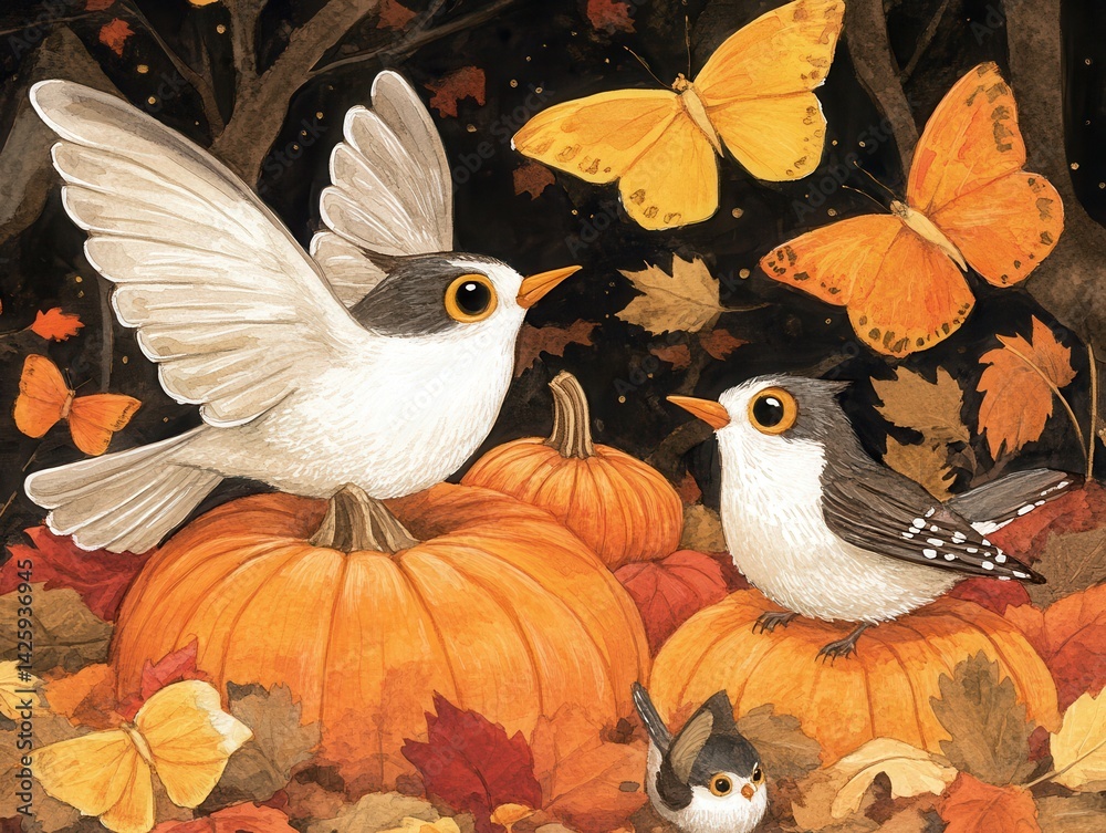 Obraz premium Autumnal birds perched among pumpkins and butterflies