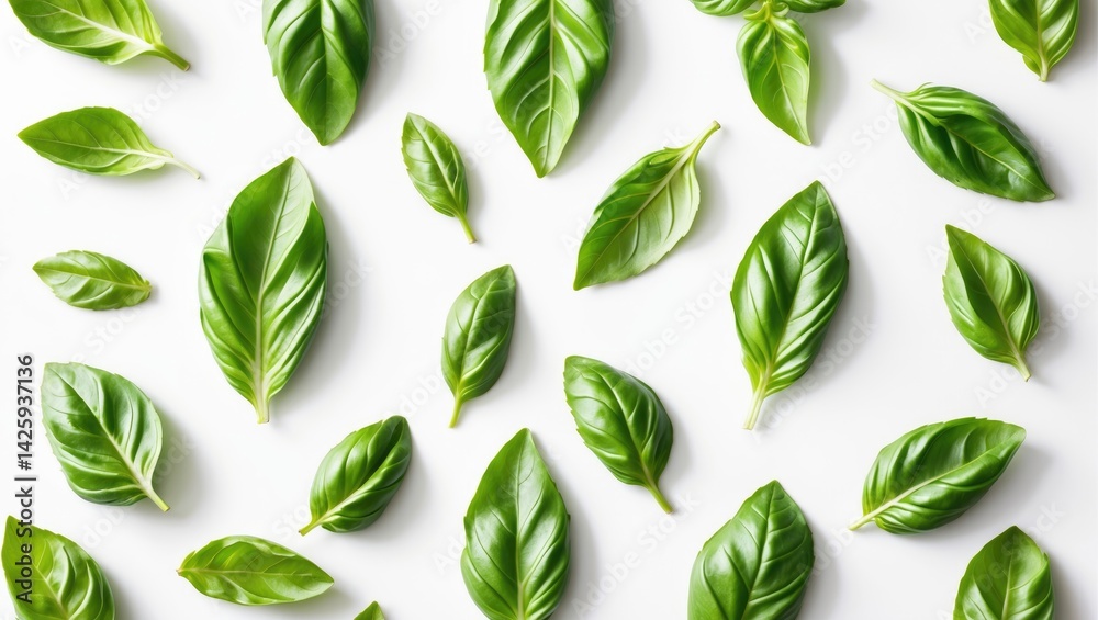 Naklejka premium Assortment of fresh basil herb sprigs on white background
