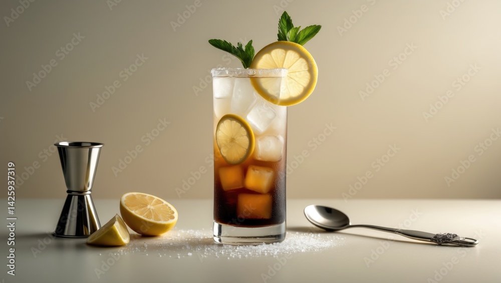 Fototapeta premium Cocktail of Long Island ice tea featuring vodka, rum, tequila, gin, liquor, lemon juice, cola, ice, lemon slice, and mint in a glass