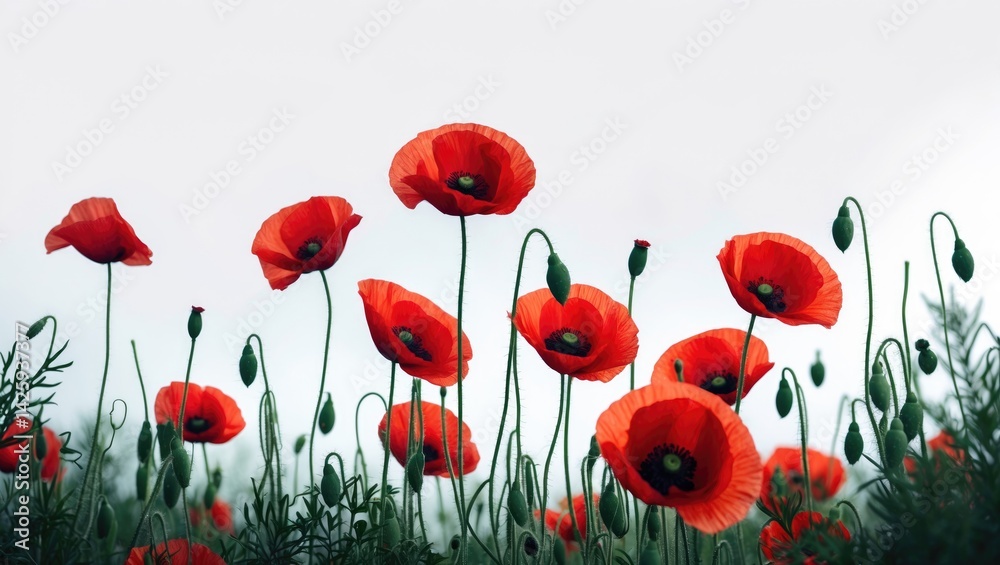 Obraz premium Red poppy flowers isolated on white background for summer panorama