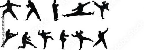 Mobile"Silhouette Vector Set of Martial Arts Fighters in Action Poses – Karate, Taekwondo, and Kickboxing Movements"

