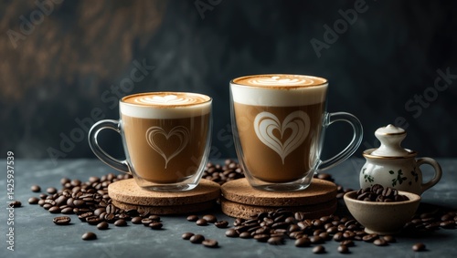 Black coffee latte art on glass cup table