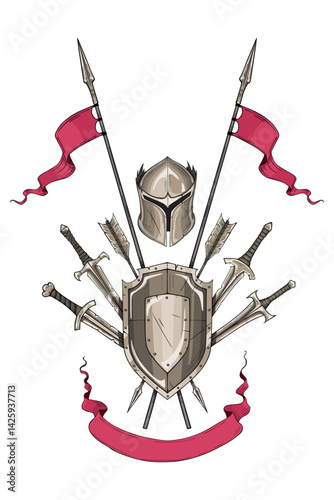 Golden medieval armor with red flags and weaponry