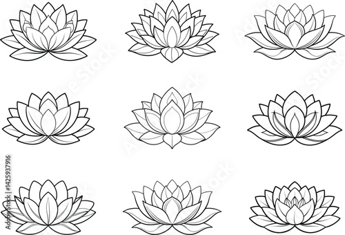 Big set of lotus flower line art silhouette vector illustration.