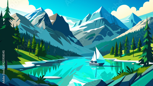 Scenic Alpine Lake with Yacht and Snow-Capped Mountains – Serene Nature Landscape