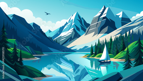 Scenic Alpine Lake with Yacht and Snow-Capped Mountains – Serene Nature Landscape