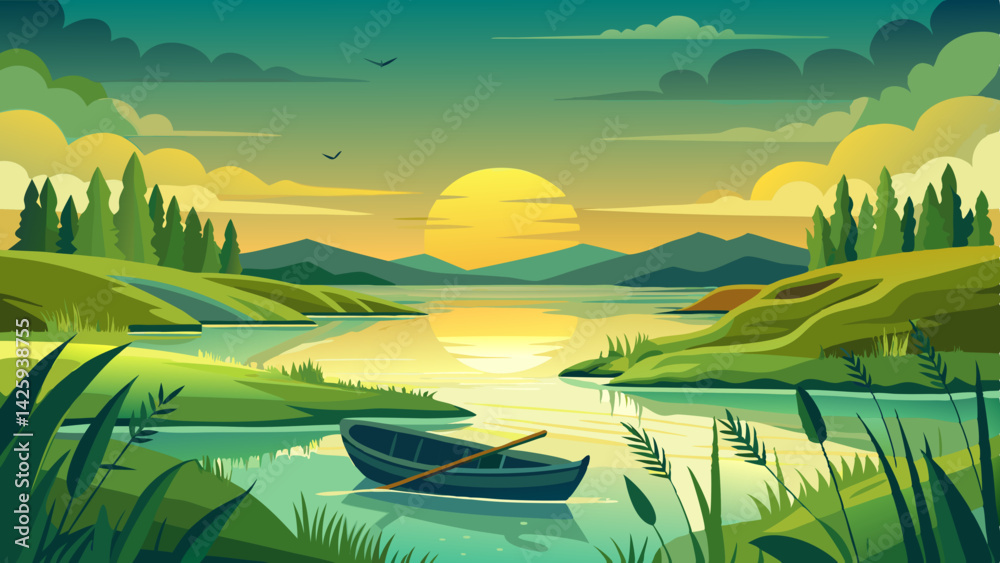 Serene Sunrise or Sunset Landscape with Rowboat and Reflective Water – Peaceful Nature Scene