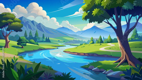 Tranquil River Scene in a Lush Green Valley – Nature Landscape Illustration