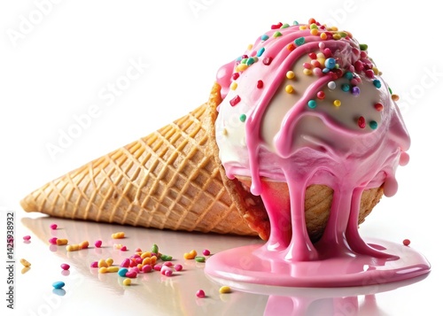 Macro Photography: Pink Sprinkle Ice Cream Cone, Melted Cream, Delicious Dessert