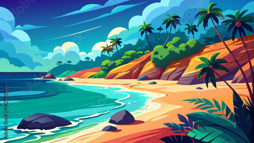 Cartoon Tropical Beach Illustration – Vibrant Vector Landscape with Palm Tree and Ocean View