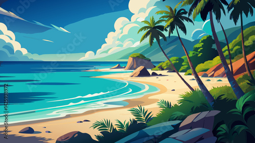 Cartoon Tropical Beach Illustration – Vibrant Vector Landscape with Palm Tree and Ocean View