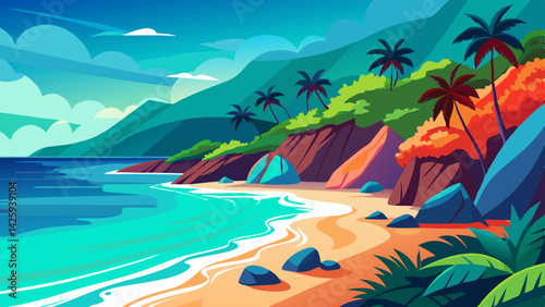 Cartoon Tropical Beach Illustration – Vibrant Coastal Landscape Vector Art