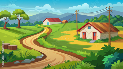 Peaceful Rural Landscape with Dirt Road, Meadow, and Mountain View