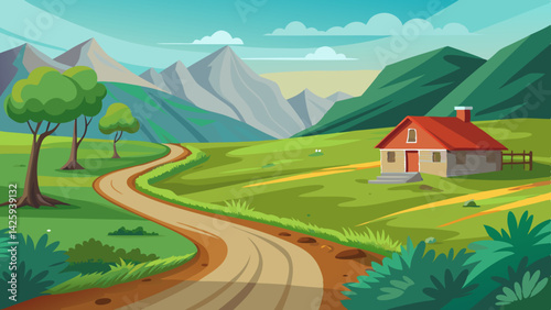 Peaceful Rural Landscape with Dirt Road, Meadow, and Mountain View