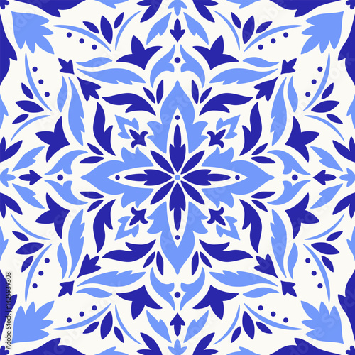 Mediterranean tile, blue seamless pattern. Spanish, Portuguese, or Moroccan traditional ornament. Mosaic floral design with leaves, ethnic motifs for ceramic. Vector illustration