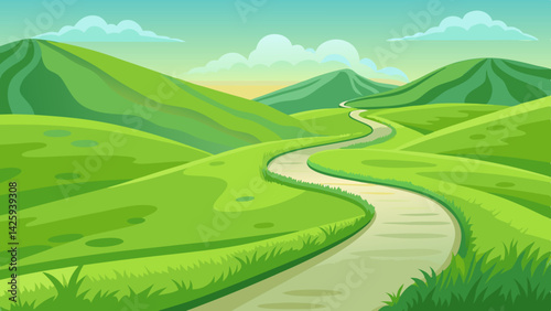 Winding Path Through Lush Green Hills – Vibrant Landscape with Transparent Background