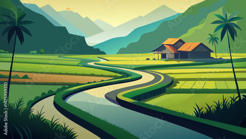 Winding Road Through Lush Rice Fields at Sunset – Scenic Landscape with Palm Trees & Motorcycle
