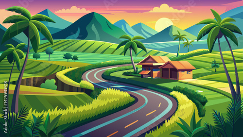 Winding Road Through Lush Rice Fields at Sunset – Scenic Landscape with Palm Trees & Motorcycle