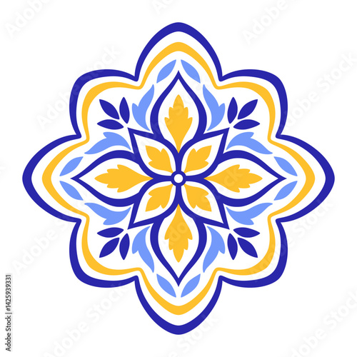 Mediterranean blue yellow floral motif on white background. Ethnic mosaic design for ceramic tile. Traditional Portuguese, Moroccan, Spanish ornament. Vector illustration