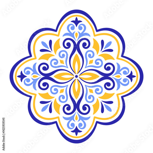 Mediterranean blue yellow floral motif on white background. Ethnic mosaic design for ceramic tile. Traditional Portuguese, Moroccan, Spanish ornament. Vector illustration