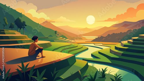 Tranquil Sunset Over Terraced Rice Fields – Rural Landscape with Hut, Palm Trees & Reflection