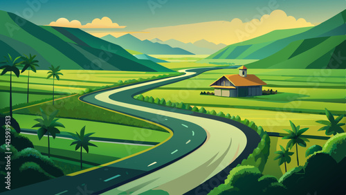Winding Path Through Lush Green Hills - Transparent Background Landscape Vector