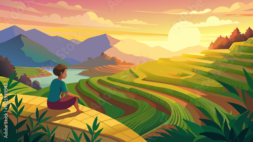 Tranquil Sunset Over Terraced Rice Fields – Rural Landscape with Hut, Palm Trees & Reflection