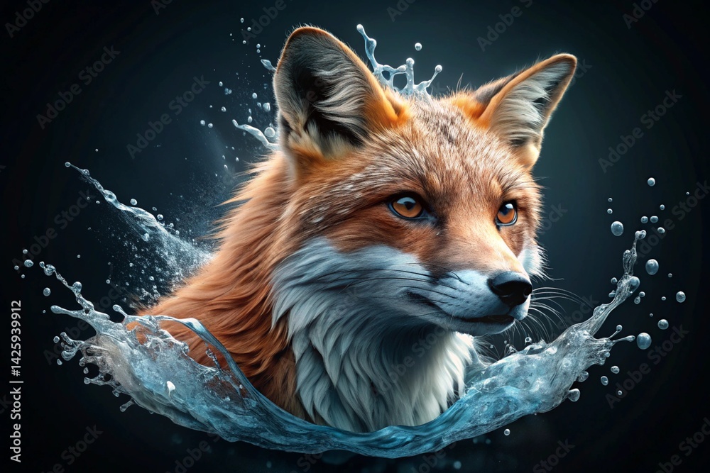 Fototapeta premium Fox immersed in water: A captivating moment, a fox gracefully emerges from water, its orange fur gleaming against a dark, abstract backdrop, showcasing its wild elegance in this stunning illustration.