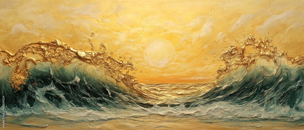 A painting of a wave crashing with a sun in the background