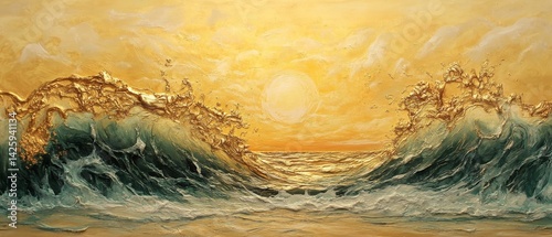 Obraz na płótnie A painting of a wave crashing with a sun in the background w salonie
