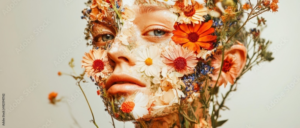 A woman's face is covered in flowers, giving her a unique
