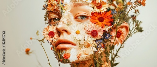Obraz na płótnie A woman's face is covered in flowers, giving her a unique w salonie