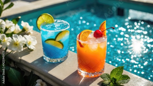 Luxurious poolside cocktails with vibrant reflections