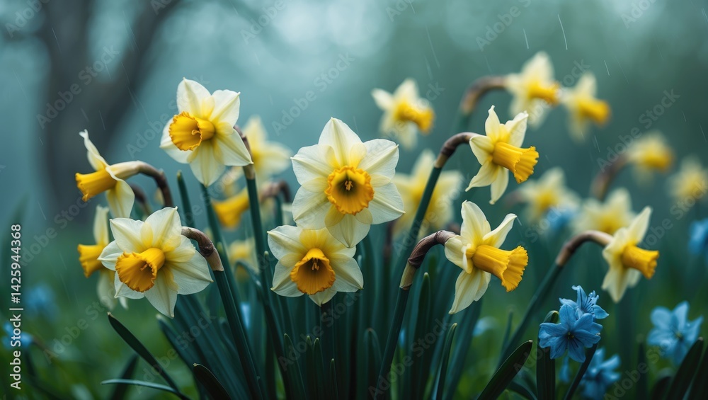 Beautiful yellow daffodils blooming in a garden after rain with green leaves and floral background Beautiful yellow daffodils blooming in a garden after rain with green leaves and floral background