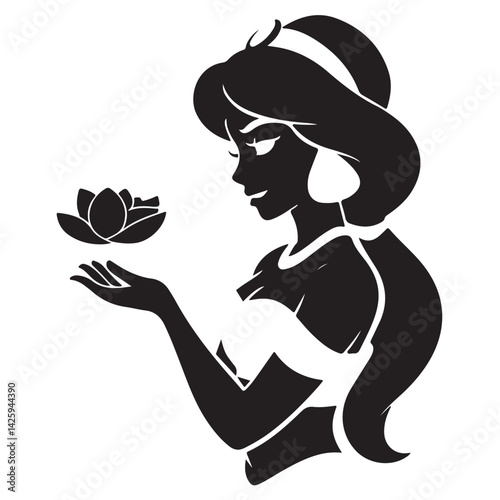Black Silhouette of Princess Jasmine Side View – Thick Outline Vector in Traditional Outfit on White Background

