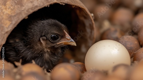 Newly hatched bird chick observing white egg in natural nesting environment