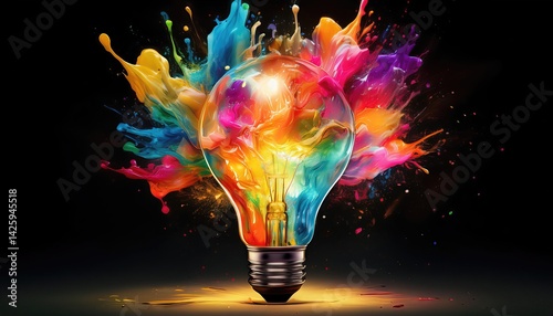 Explosive Light Bulb Paints a Vibrant Masterpiece on Black Backdrop, Embracing Energy and Creativity in a Colorful Spectacle