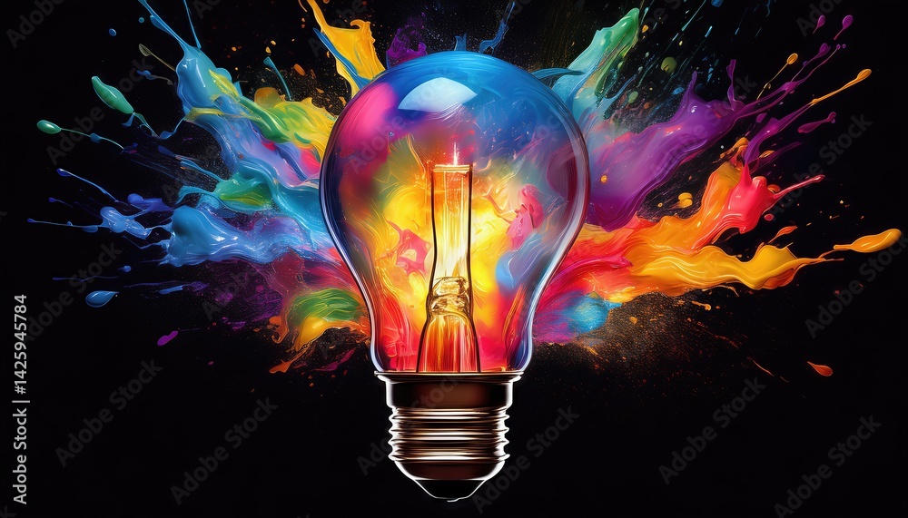 Vibrant Paint Splash Light Bulb Explosion on Black Background A Vivid Symbol of Innovation and Creativity in a Striking Artwork